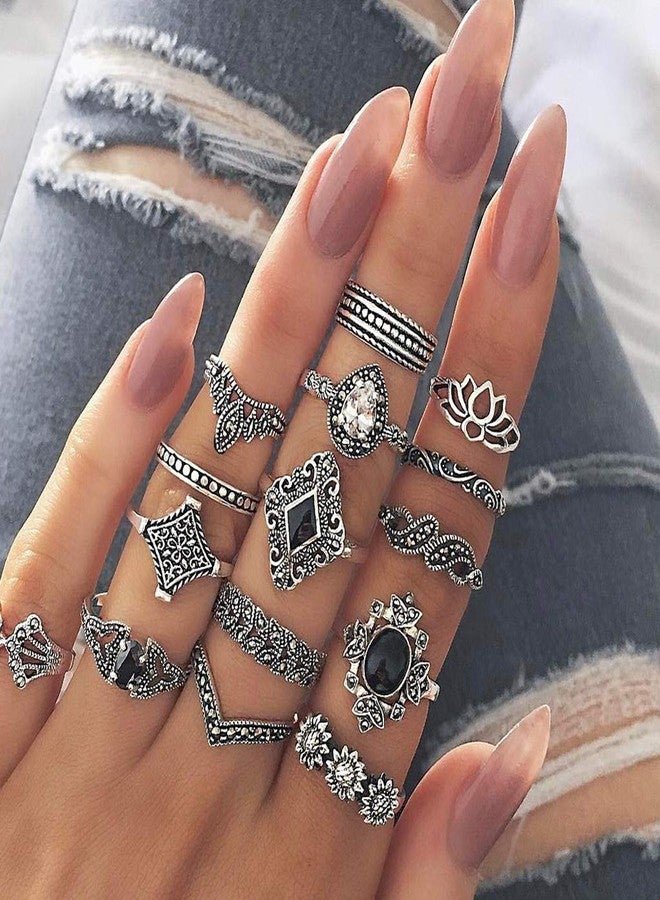 JAGTRADE Ring 15Pcs Vintage Silver Joint Knot Rings Set Women Bohemian Stackable Joint Finger Rings Retro Stone Crystal Stacking Rings - Image 4